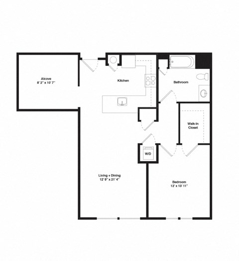 Floor plan for 1 bed, 1 bath, 914 sqft